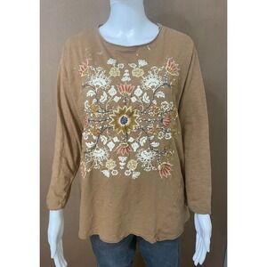 Karyn Seo Avi Women's Shirt Tee Top 3/4 Sleeve Cotton L Brown Floral Embroidered